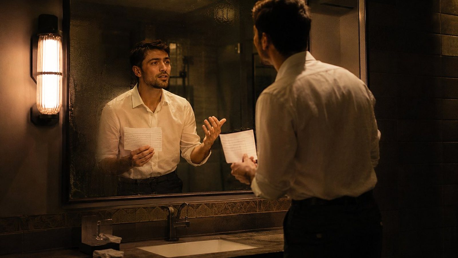 A wedding speaker rehearsing aloud from cue cards in a mirror