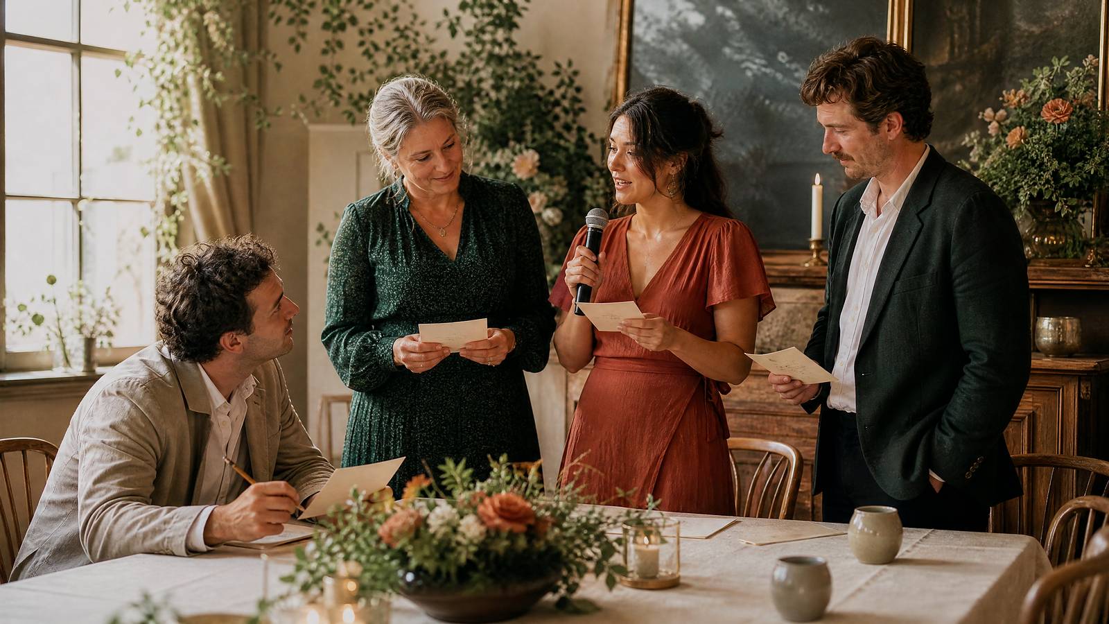 Wedding-party speakers comparing cue cards and rehearsing with a microphone