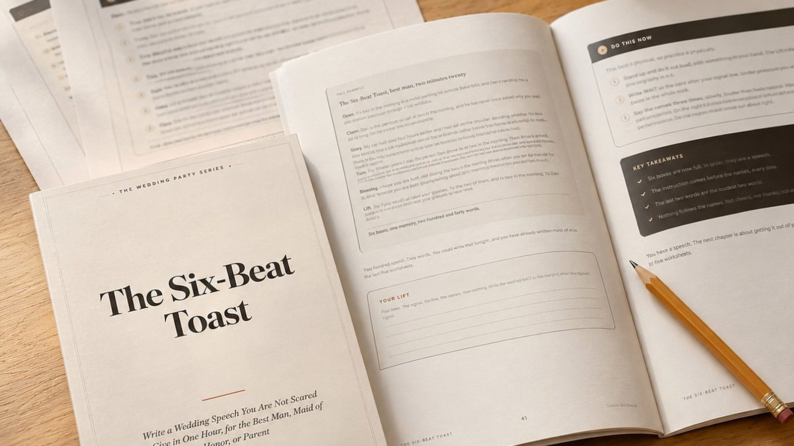 The Six-Beat Toast digital workbook pages beside a pencil and coffee